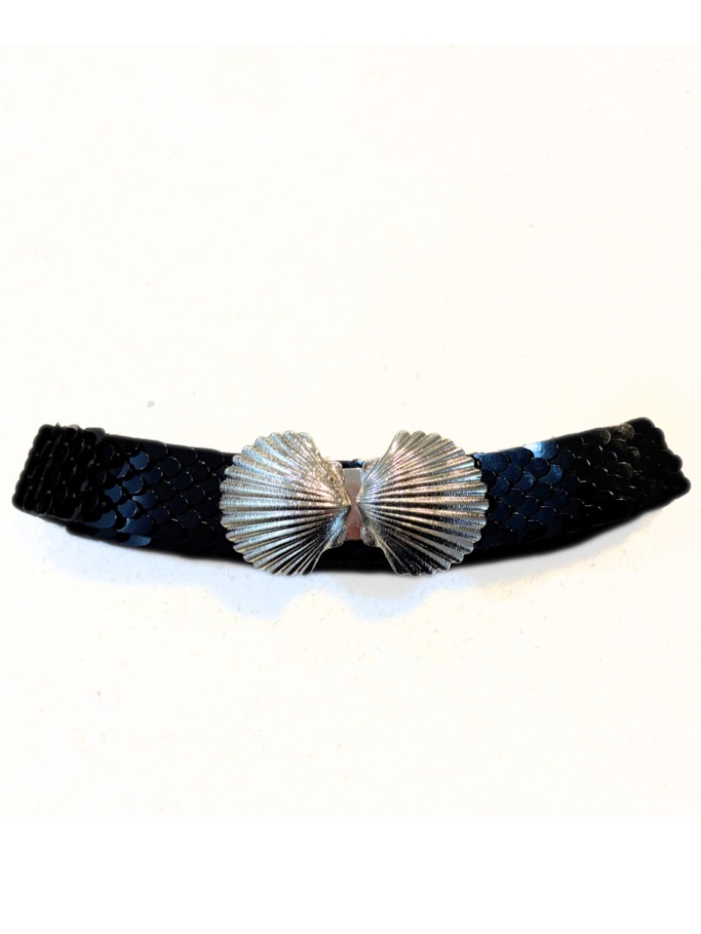 Vintage Black Stretch Belt with a Silver Shell Clasp One Size